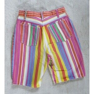 Vintage Rainbow Striped Denim Shorts Size 9 Retro 90s Mixed Blues Funky